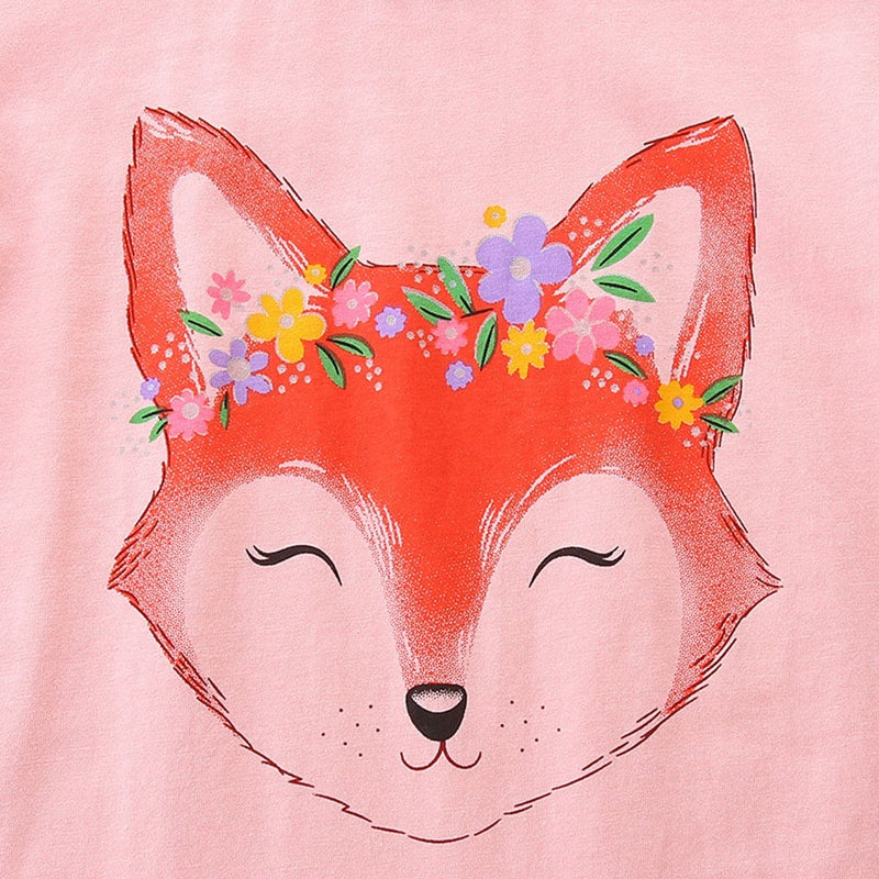 Girls Fox Print Short Sleeves Casual T-shirt Tshirts   