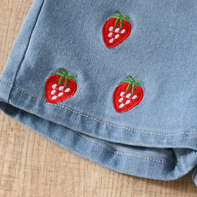 Girls Red Strawberry Embroidered Peplum Top With Denim Shorts Sets Sets