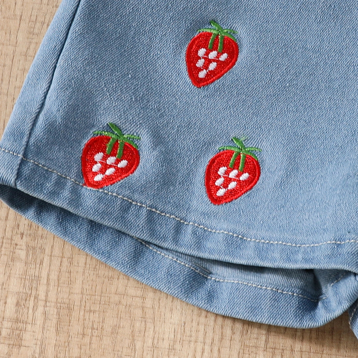 Girls Red Strawberry Embroidered Peplum Top With Denim Shorts Sets Sets