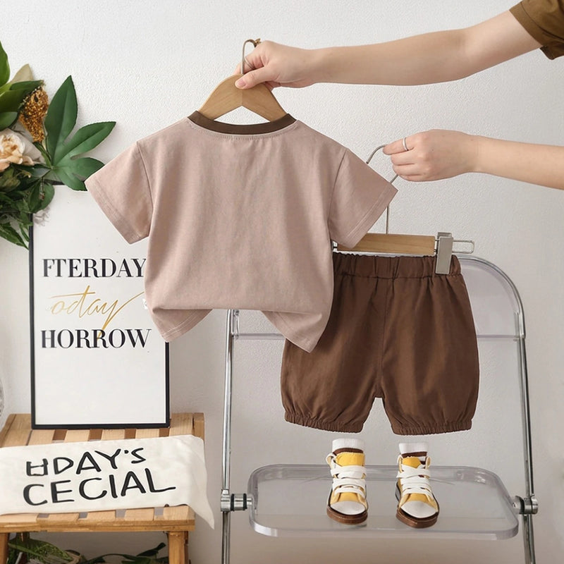 Boys Light Brown Bear Motif T-Shirt With Elasticated Shorts Sets Sets