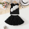 Girls 3D Flowers Applique Top With Black Tiered Tulle Skirts Set Sets Black 3-4 Y