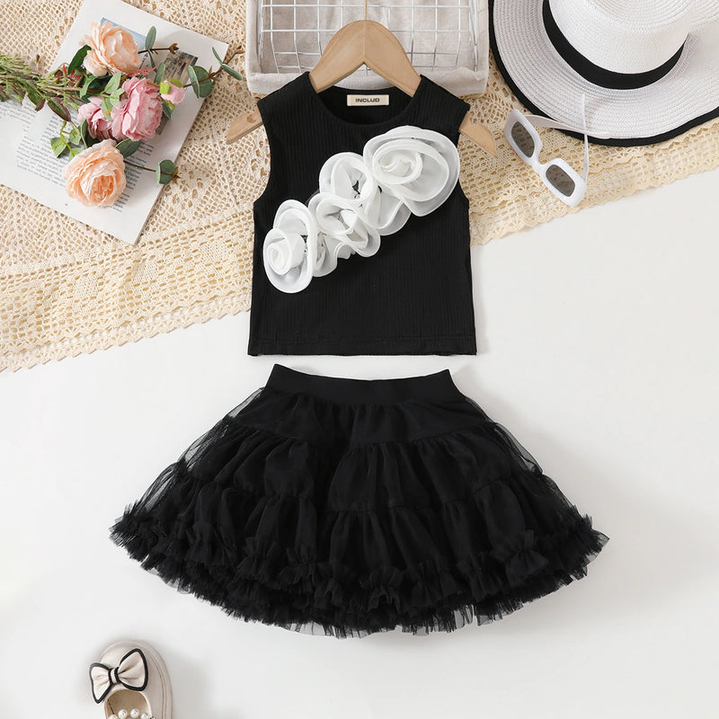 Girls 3D Flowers Applique Top With Black Tiered Tulle Skirts Set Sets Black 3-4 Y