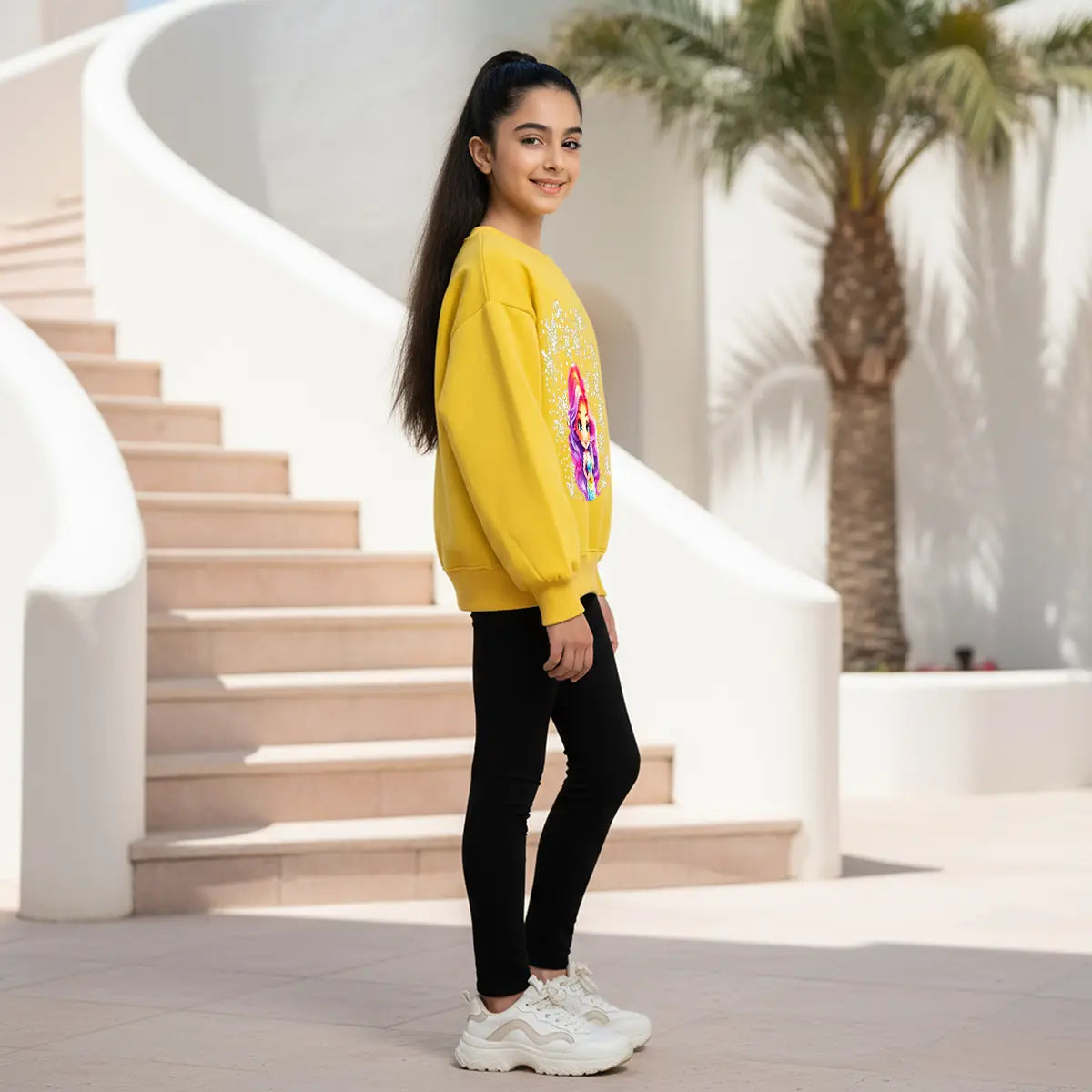 Girls Yellow Graphics Round Neck Sweatshirt Sweatshirts & Hoodies