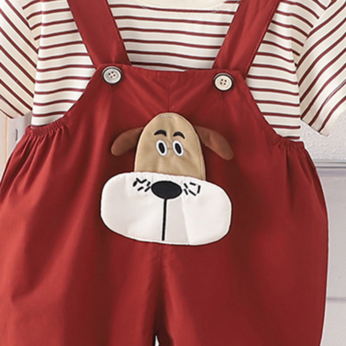 Boys Stripe Short Sleeves T-Shirt With Embroidered Appliqued Red Dungaree Set 2 pc. Sets