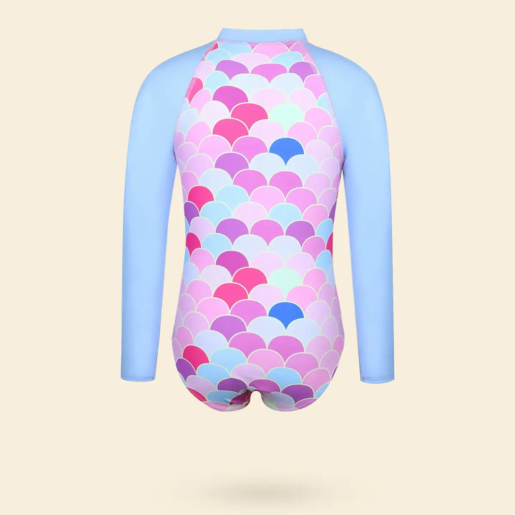 Girls Sky Blue Mermaid Printed Long Sleeves Swimwear Bodysuit Beachwear