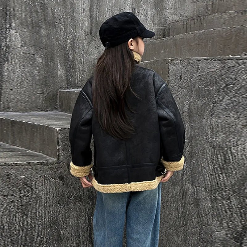 Girls Black Faux Leather Heavy Jacket With Fleece Lining Coats & Jackets