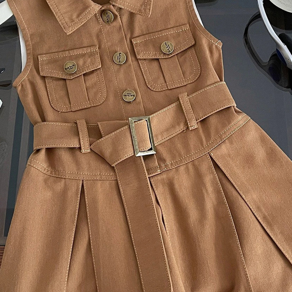 Girls Brown Sleeveless Belted Denim Shirt Dress Casual Dresses
