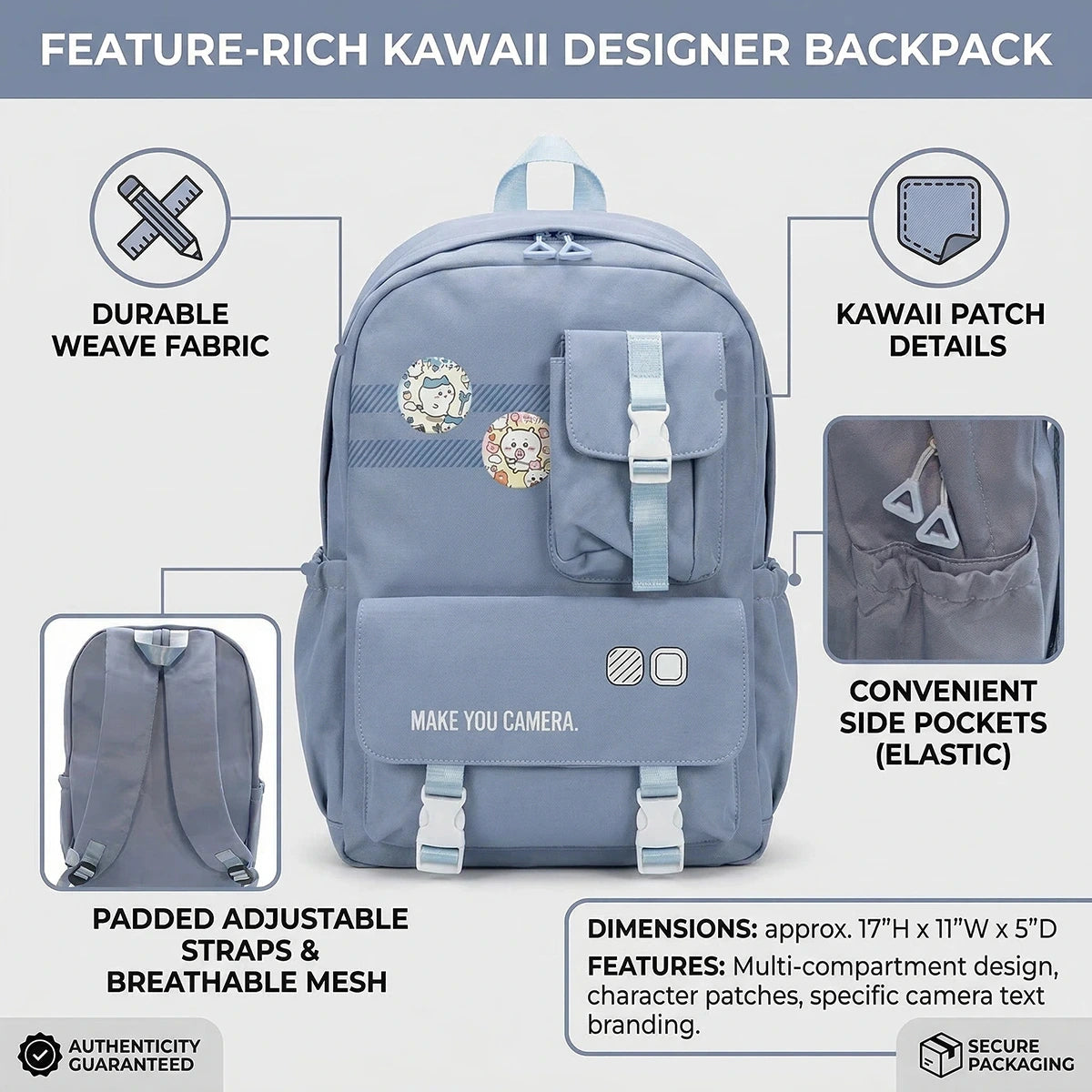 Kids Blue Multi-Pocket School Backpack with Buckle Pouch Trending Accessories