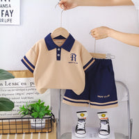 Boys Khaki Typographic Print Polo T-Shirt With Shorts Set Sets Khaki 1-2 Y