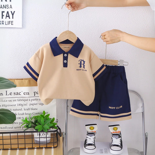 Boys Khaki Typographic Print Polo T-Shirt With Shorts Set Sets Khaki 1-2 Y