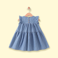 Girls Blue Bow Applique Short Sleeve Denim Dress Casual Dresses