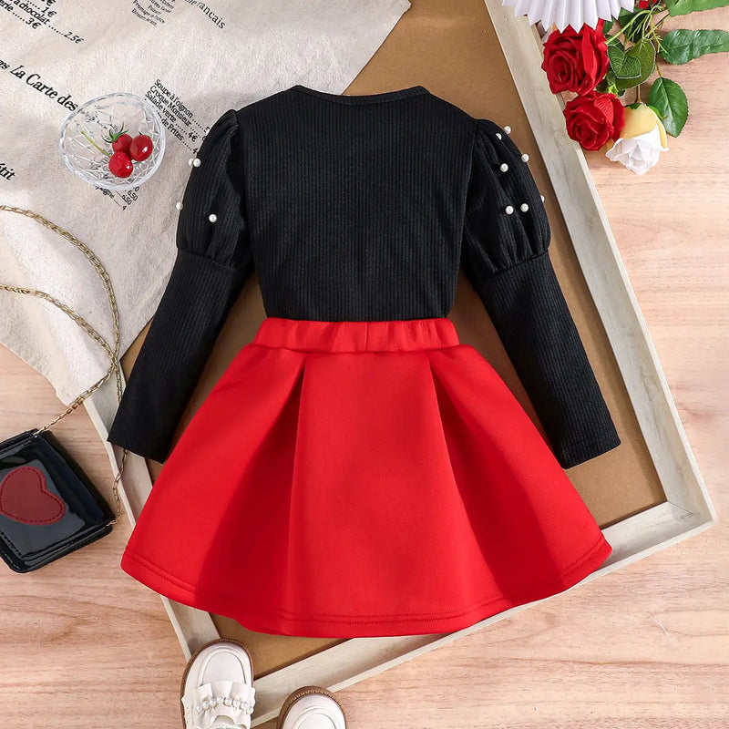 Girls Black Beaded Puff Sleeves Top With Bow Pleated Skirt Sets Sets