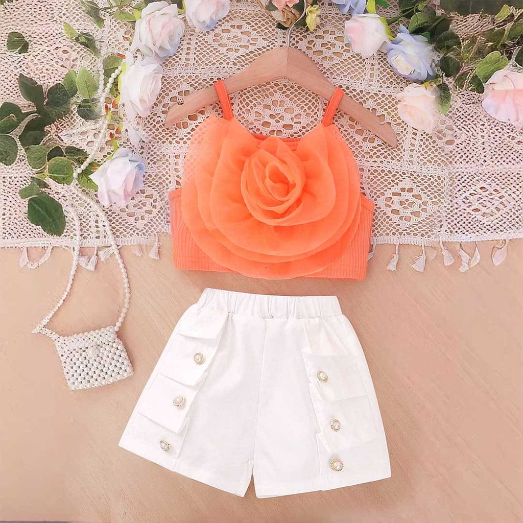 Girls Orange Flower Applique Camisole Top With Shorts Set 2 pc. Sets Orange 4-5 Y 