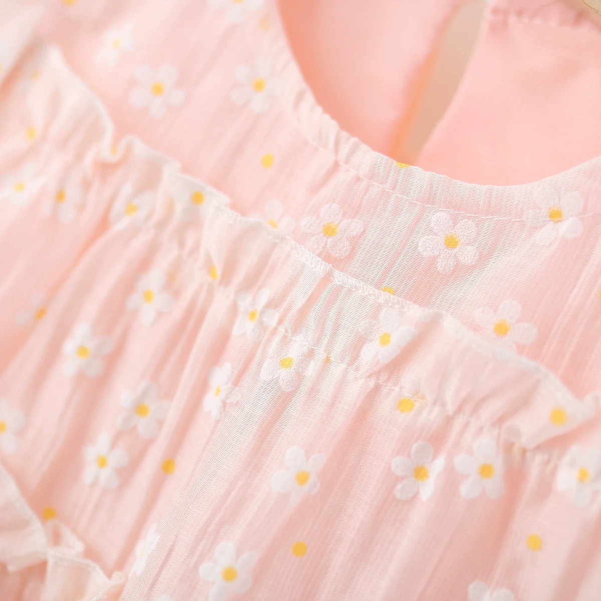 Girls Pink Floral Print Bunny Ear Applique Tiered Dress Casual Dresses