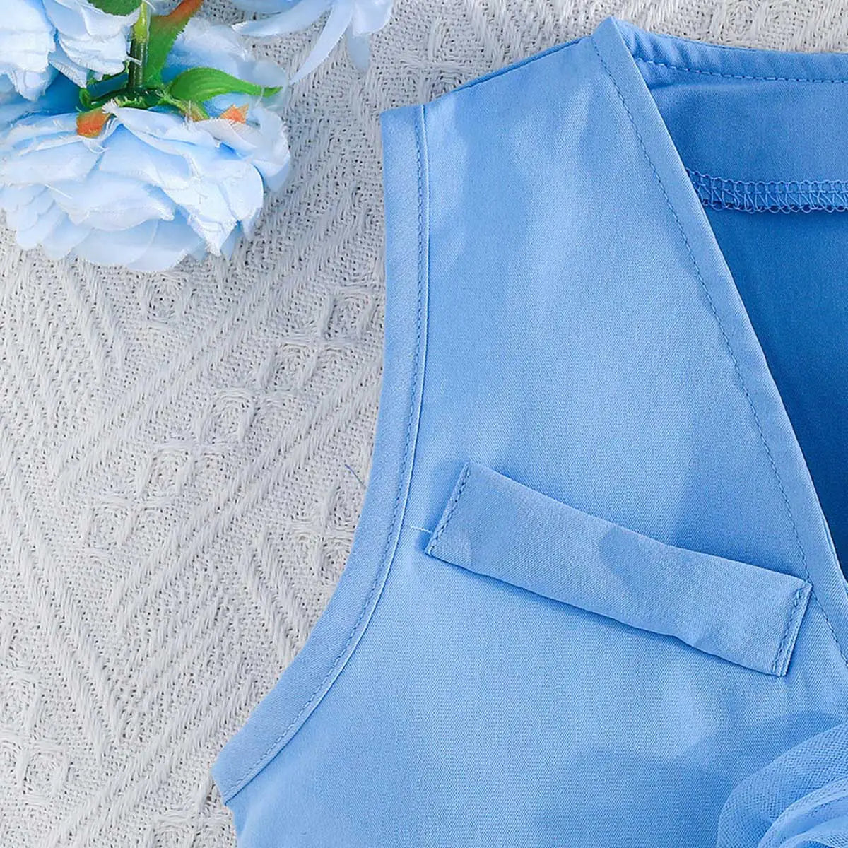Girls Blue Sleeveless Waistcoat With Top & Skirt Sets Sets