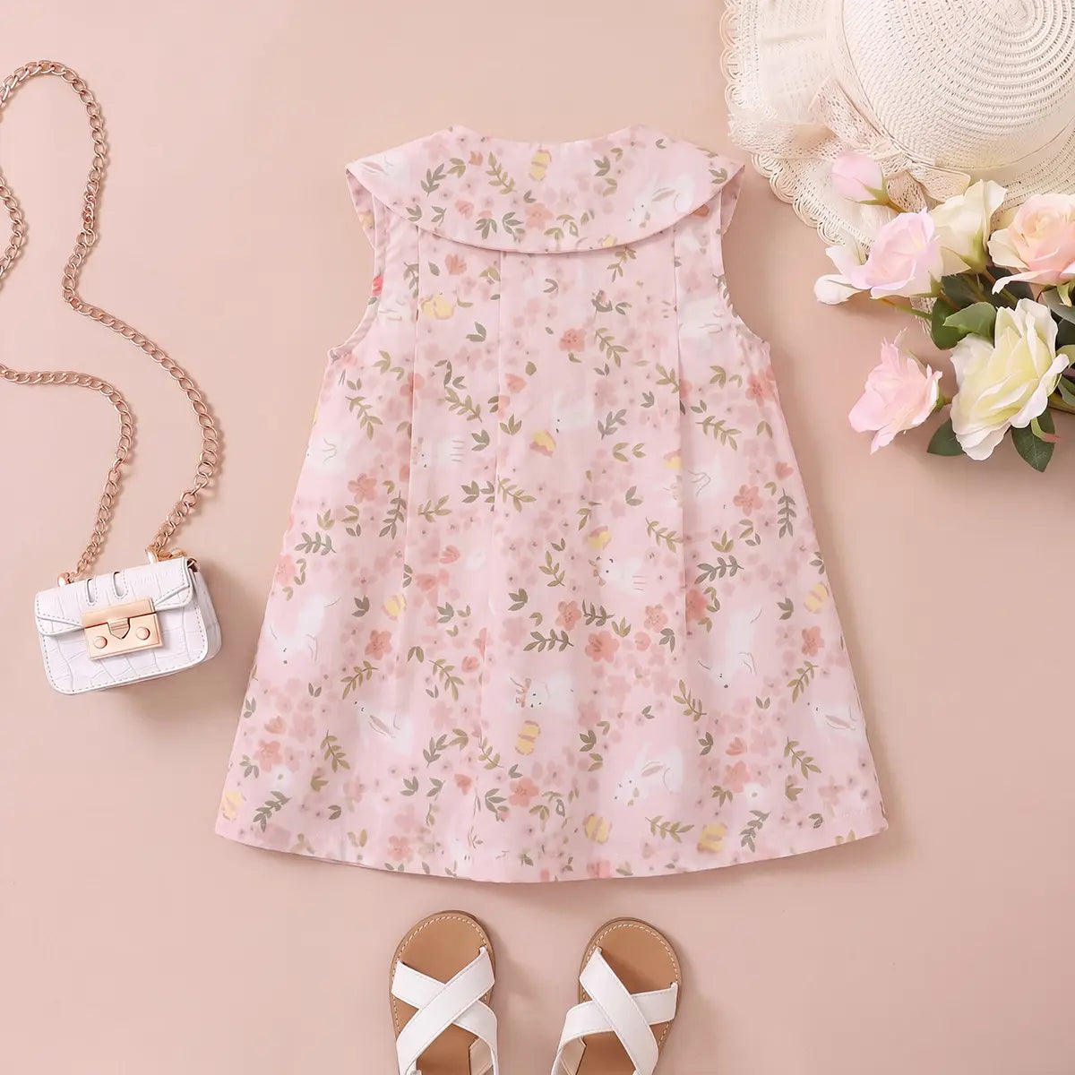 Girls Light Pink Floral Printed Sleeveless A-line Dress Casual Dresses