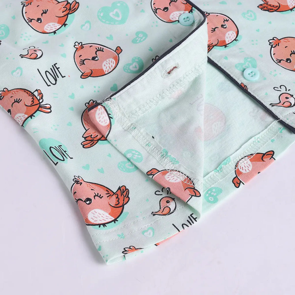 Girls Sea Green Bird Print Short Sleeve Shirt With Elasticated Pants Sets Sets