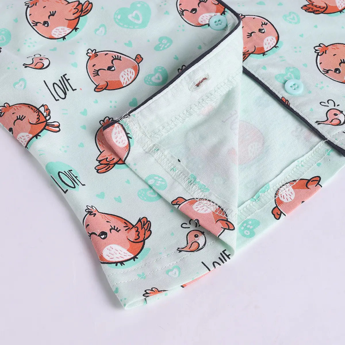 Girls Sea Green Bird Print Short Sleeve Shirt With Elasticated Pants Sets Sets