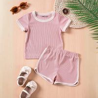 Girls Pink Ribbed Contrast Trims T-Shirt & Shorts Co-ord Sets Sets Pink 1-2 Y
