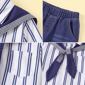 Girls Blue Striped Shirt With Jeans & Scarf Sets Sets