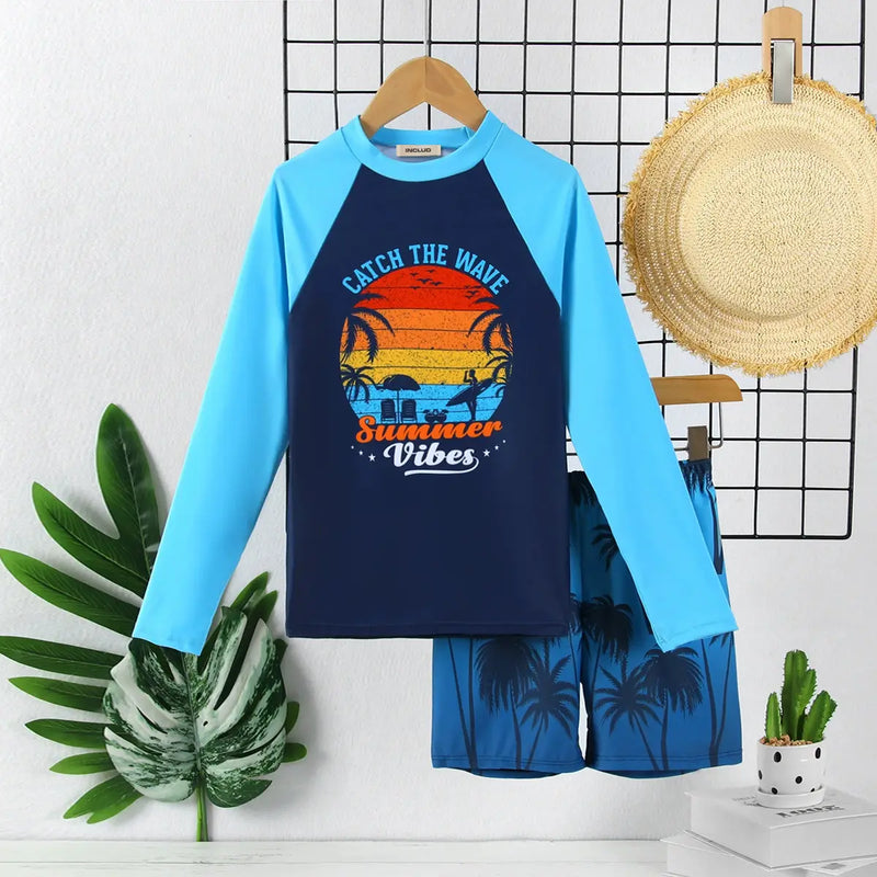 Boys Navy Blue Graphics Long Sleeves T-Shirt & Shorts Swimsuit Sets Sets Navy Blue 7-8 Y