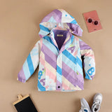 Girls Purple Diagonal Stripe Printed Hooded Zipper Jacket