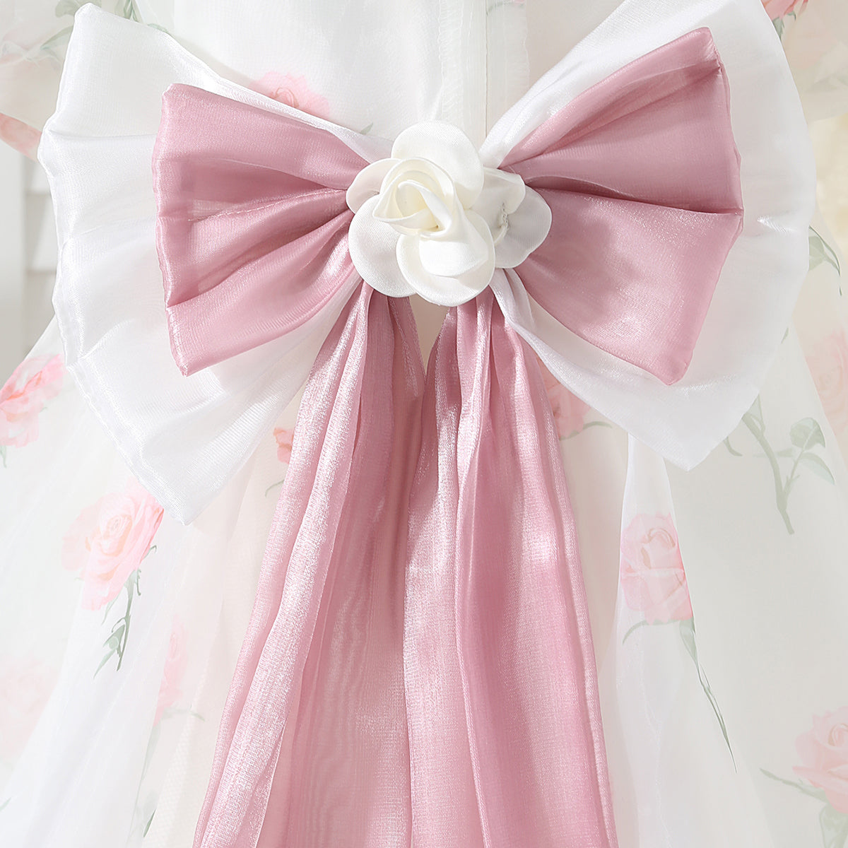 Girls White Floral Printed Party Dress with Statement Back Bow Party Dresses