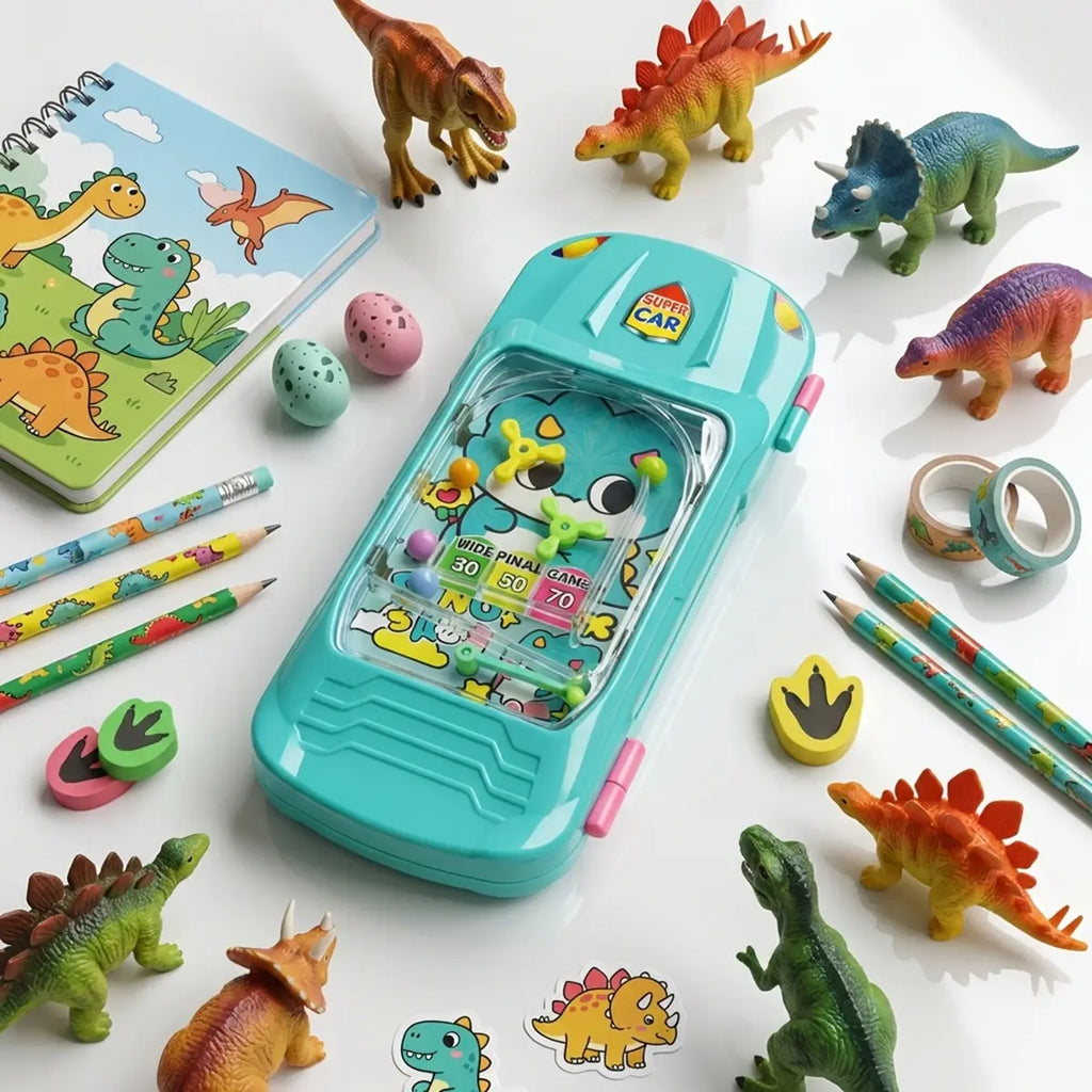 Turquoise Dino Magic Car Lock Pencil Box with Pinball Game for Girls Trending Accessories