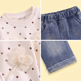 Girls Apricot Floral Sweatshirt & Denim Pants Sets Sets