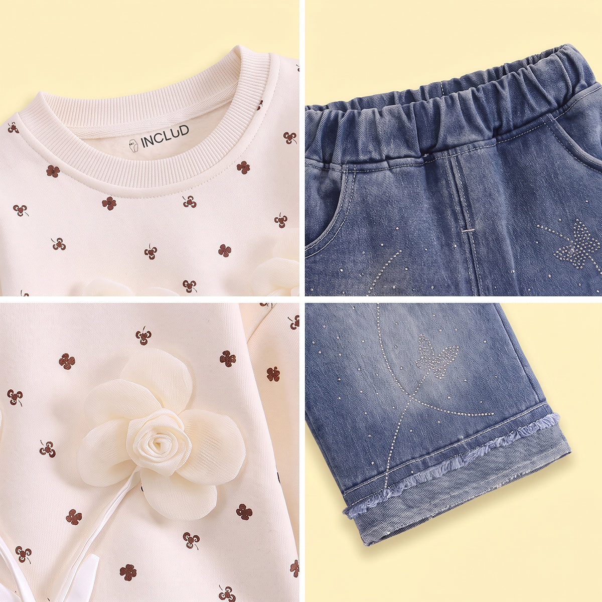 Girls Apricot Floral Sweatshirt & Denim Pants Sets Sets