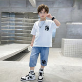 Boys White Printed Drop Shoulder T-Shirt With Denim Capri Sets