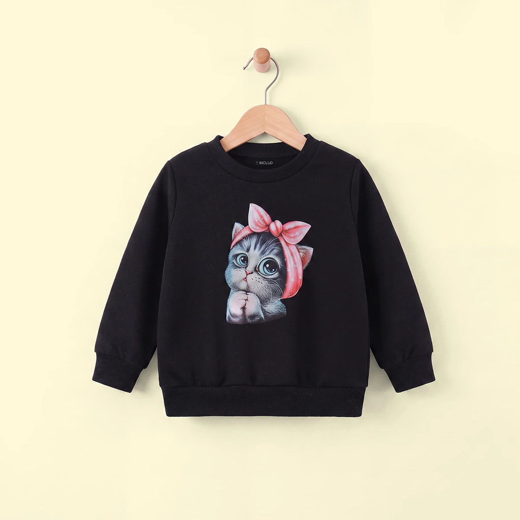 Girls Black Cat Graphic Long Sleeve Sweatshirt Sweatshirts & Hoodies Black 3-4 Y