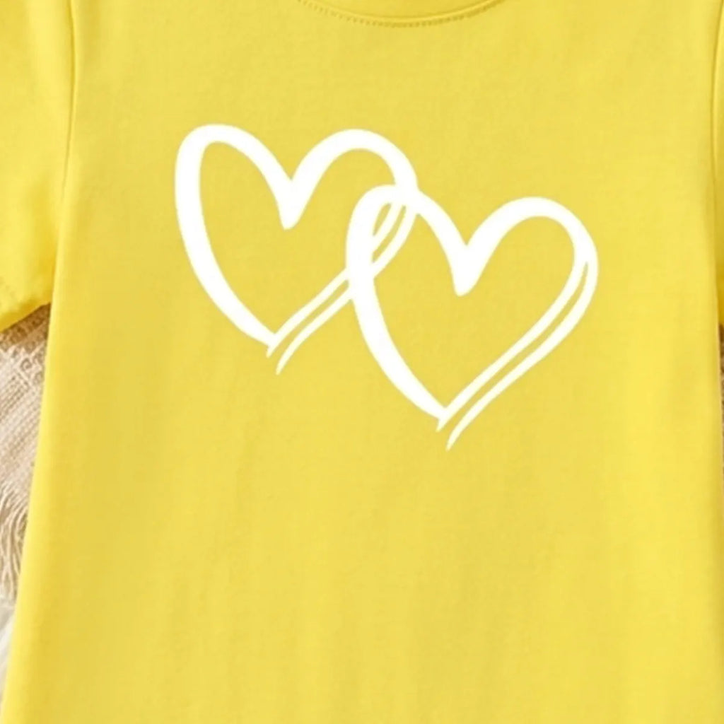 Girls Yellow Heart Print Short Sleeve T-Shirt Dress Casual Dresses