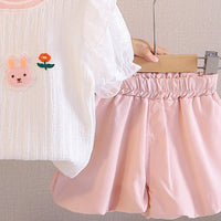 Girls Pink Bunny Embroidered Puff Sleeve Top With Elasticated Shorts Sets Sets