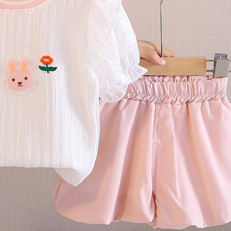 Girls Pink Bunny Embroidered Puff Sleeve Top With Elasticated Shorts Sets Sets