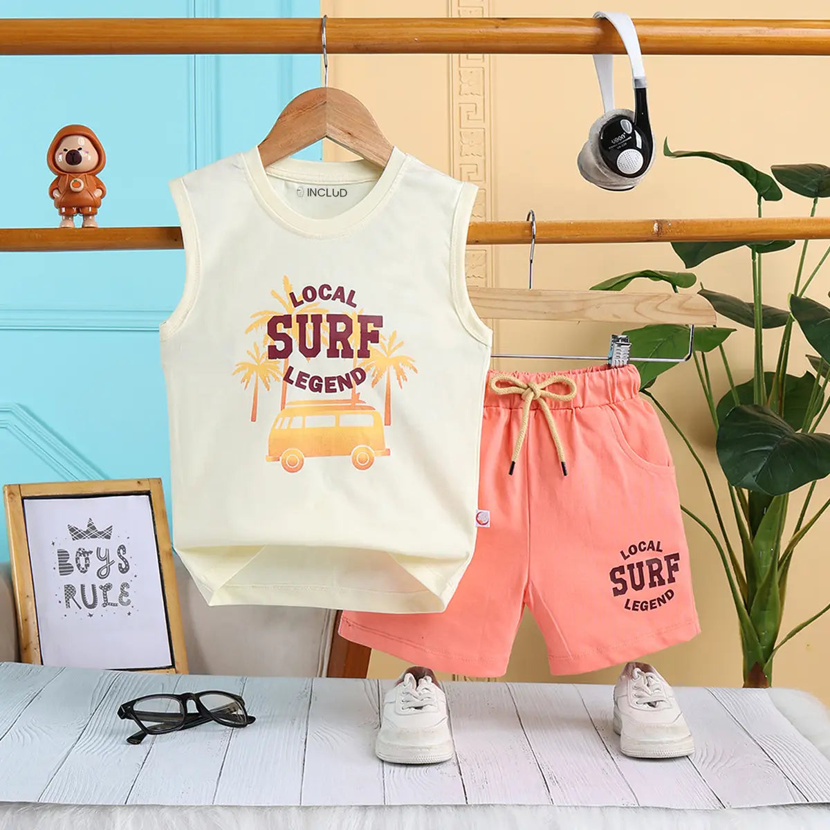 Boys Apricot Surf Printed Vest With Drawstring Shorts Sets Sets Apricot 12-18 M