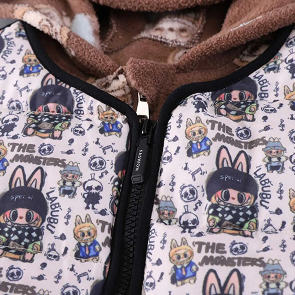 Boys Brown Printed Fleece Hooded Zipper Jacket With Vest & Jogger Sets Sets