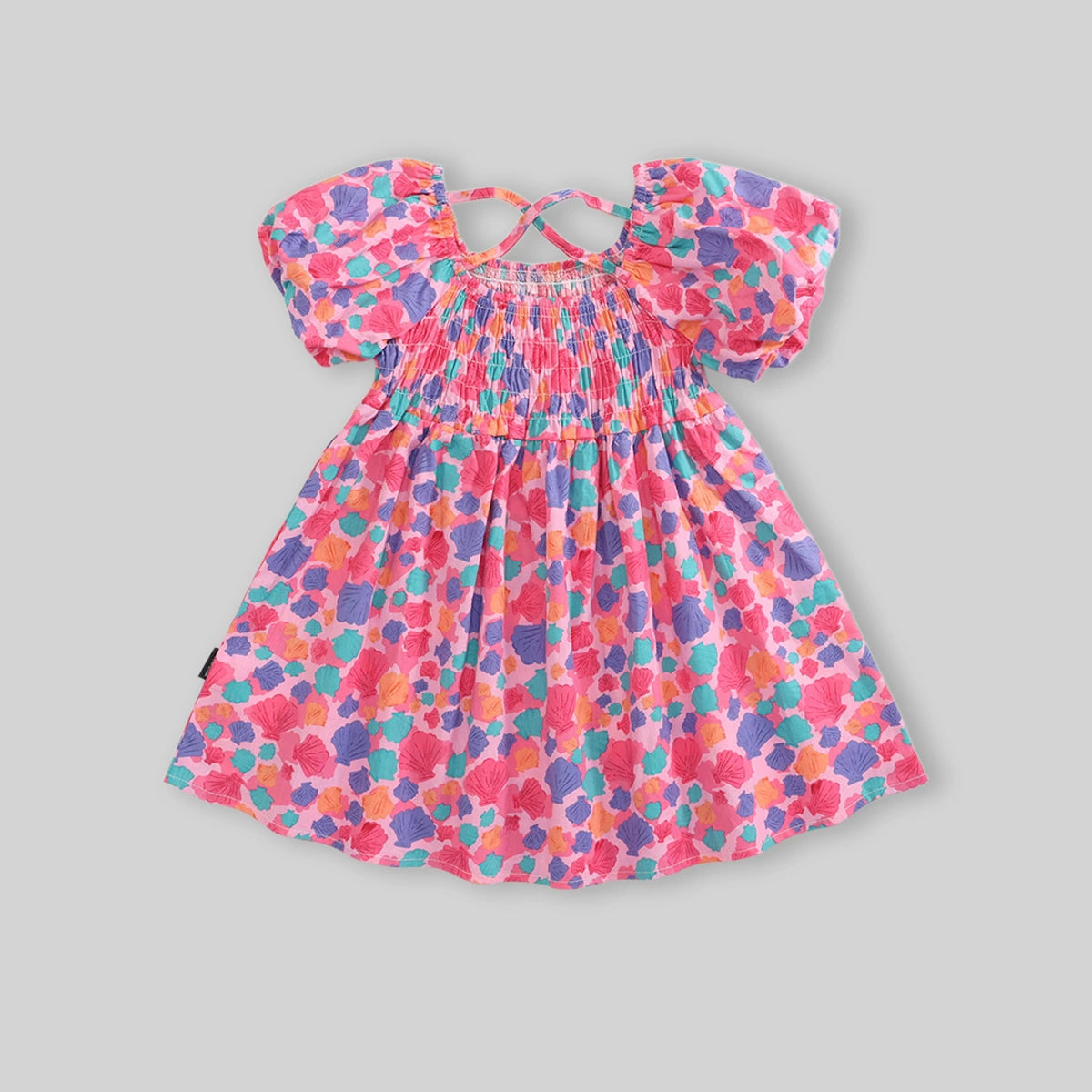Girls Pink Seashell Printed Short Sleeve Smocked A-Line Dress Casual Dresses