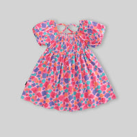 Girls Pink Seashell Printed Short Sleeve Smocked A-Line Dress Casual Dresses