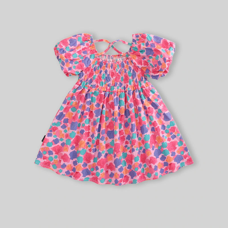 Girls Pink Seashell Printed Short Sleeve Smocked A-Line Dress Casual Dresses