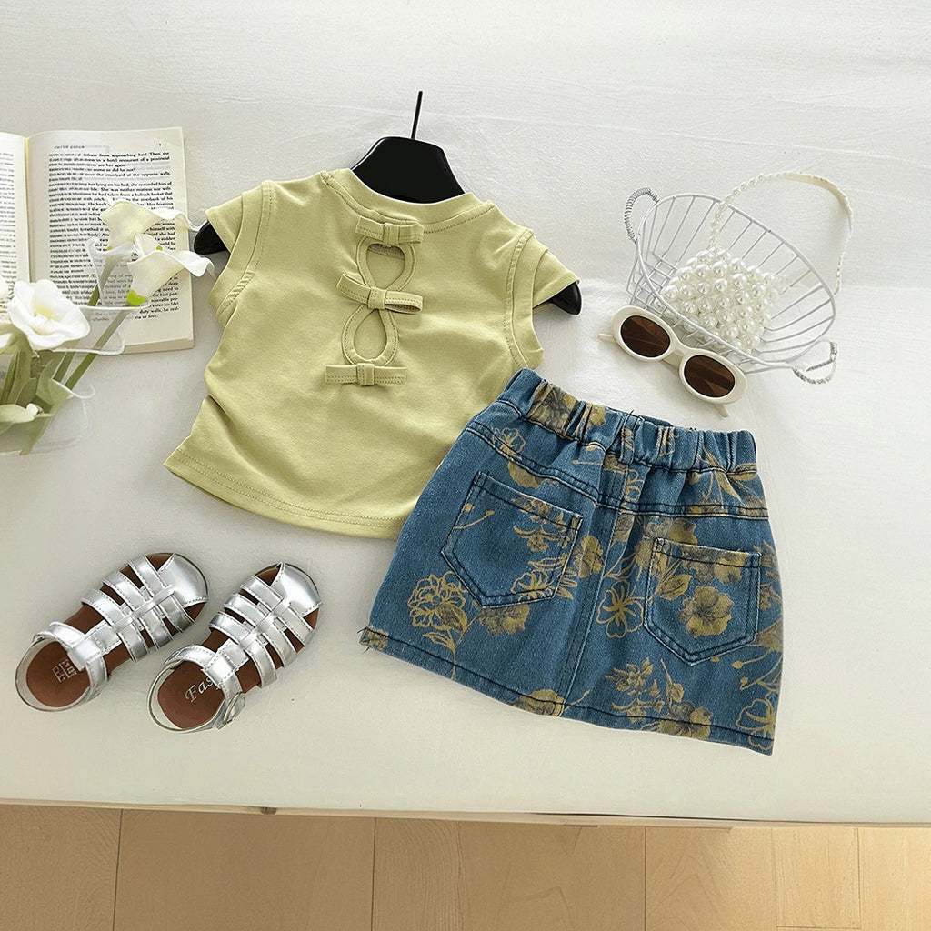 Girls Green Bow Embroidered Top With Floral Print Denim Skirt Sets 2 pc. Sets