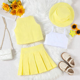 Girls Yellow V-Neck Top With Cami Top And Skirt Sets 3 pc. Sets