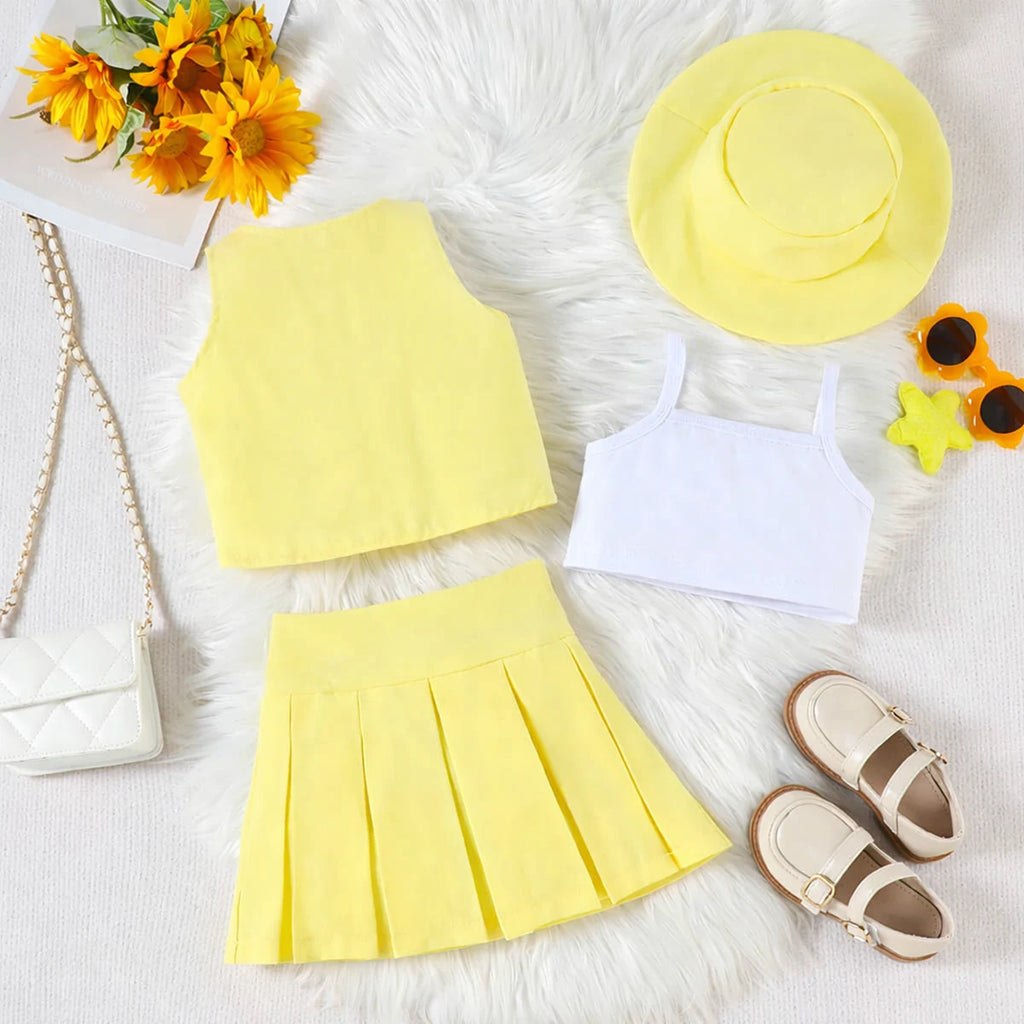 Girls Yellow V-Neck Top With Cami Top And Skirt Sets 3 pc. Sets