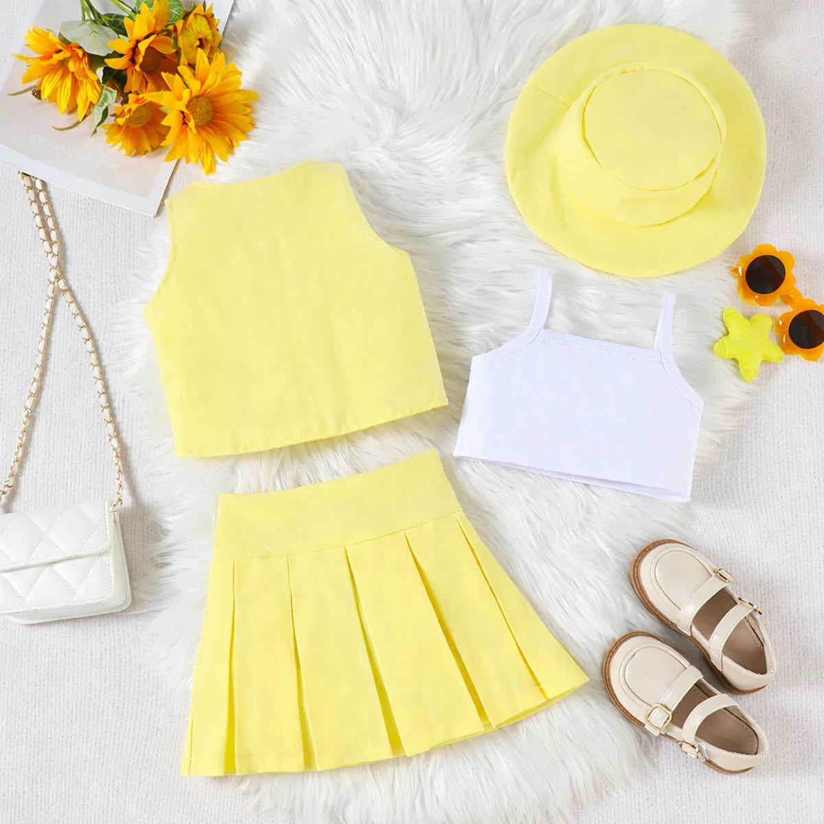 Girls Yellow V-Neck Top With Cami Top And Skirt Sets 3 pc. Sets