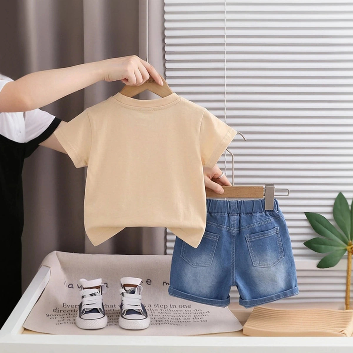 Boys Beige Bear Applique T-Shirt With Denim Shorts Sets 2 pc. Sets