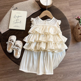 Girls Cream Sleeveless Layered Top With Elasticated Skirt Sets 2 pc. Sets Cream 2-3 Y