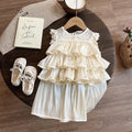 Girls Cream Sleeveless Layered Top With Elasticated Skirt Sets 2 pc. Sets Cream 2-3 Y