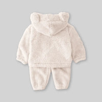 Boys Off White Fleece Bear Themed Hoodie With Jogger Sets Sets