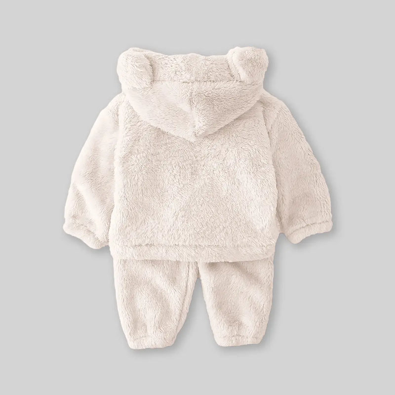 Boys Off White Fleece Bear Themed Hoodie With Jogger Sets Sets