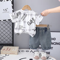 Boys White Typography Printed T-Shirt With Denim Shorts Set 2 pc. Sets